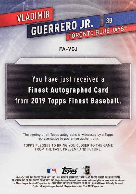 2019 Finest Autographs Vladimir Guerrero Jr. #FA-VGJ Baseball Card