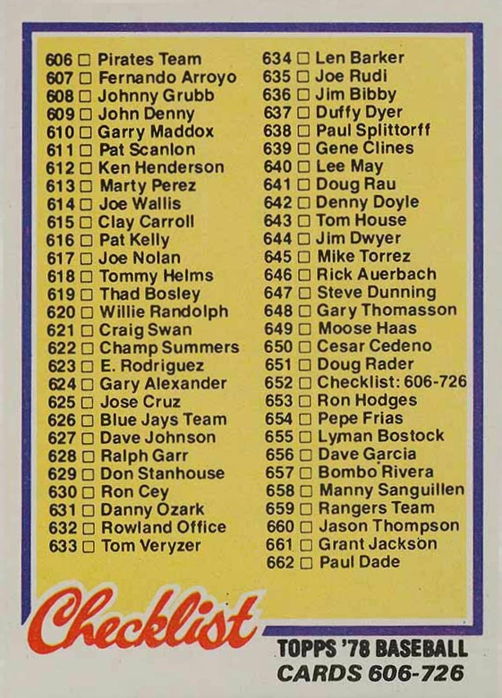 1978 Topps Checklist (606-726) #652 Baseball Card