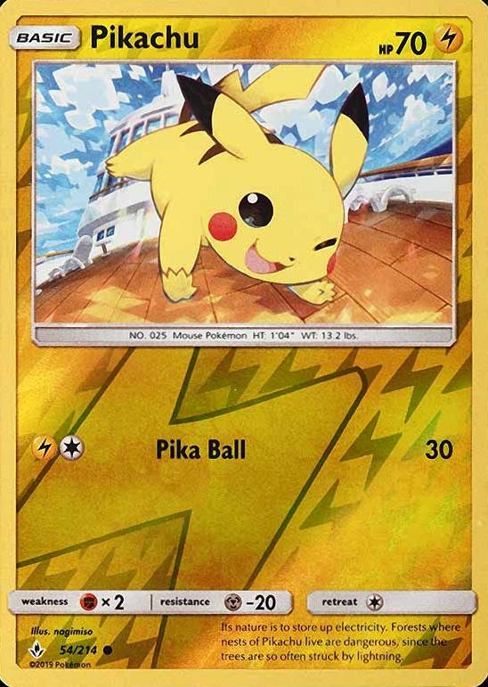 2019 Pokemon Sun & Moon Unbroken Bonds Pikachu-Reverse Foil #54 TCG Card