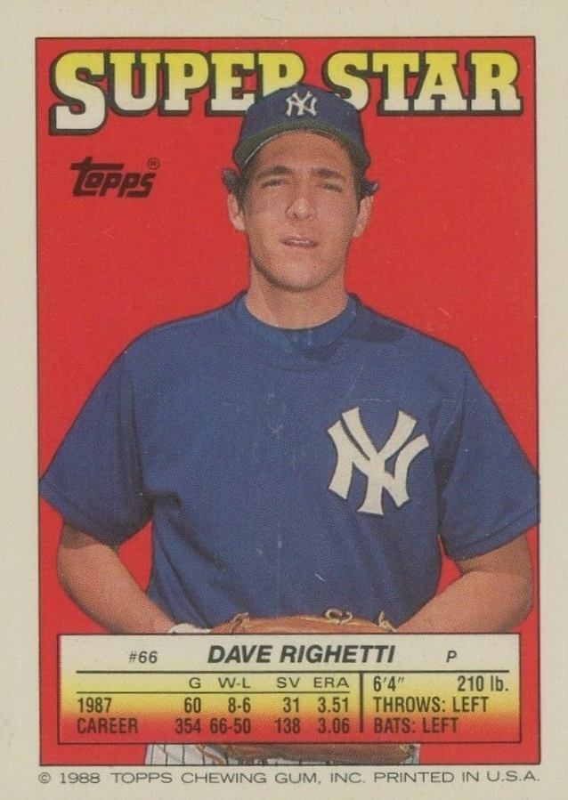 1988 Topps Stickercard Dave Righetti #66 Baseball Card