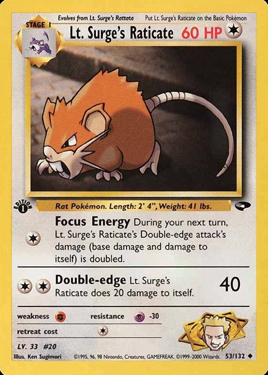 2000 Pokemon Gym Challenge LT. Surge's Raticate #53 TCG Card