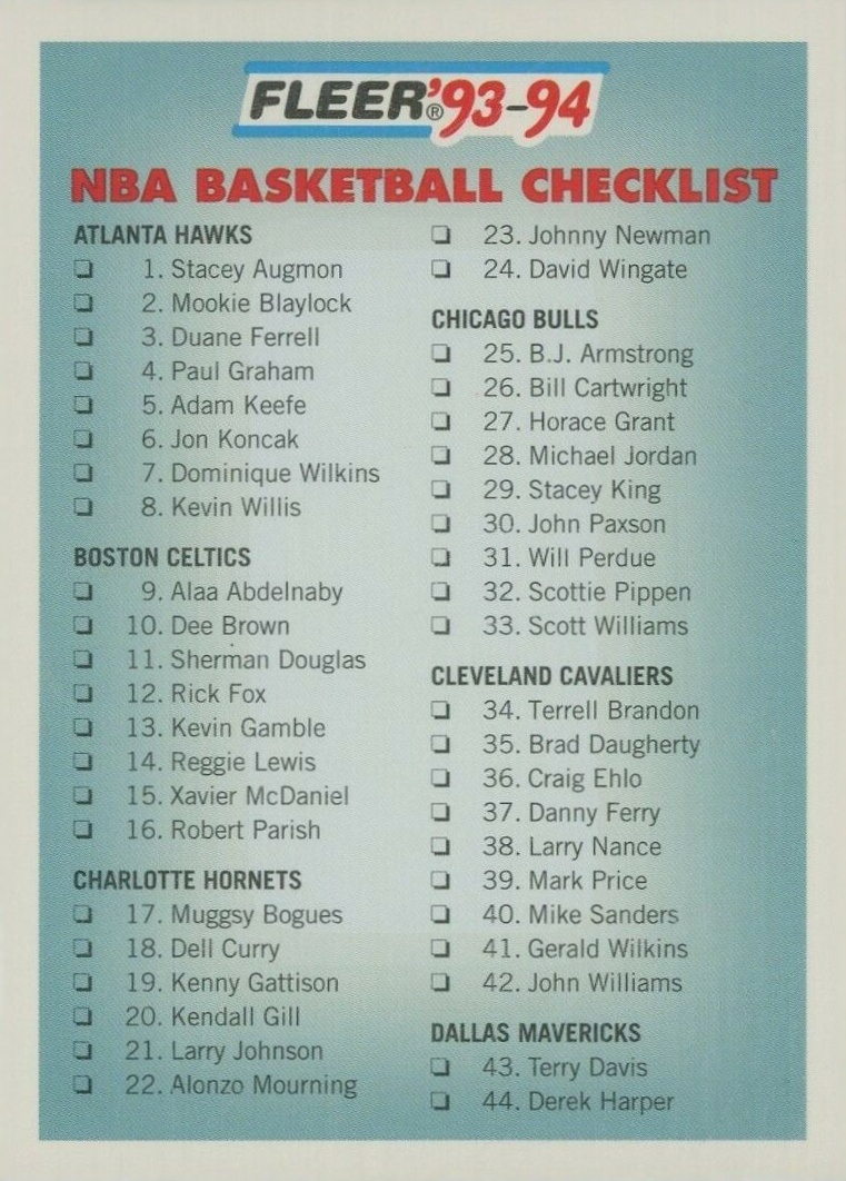 1993 Fleer Checklist 1-85 #238 Basketball Card