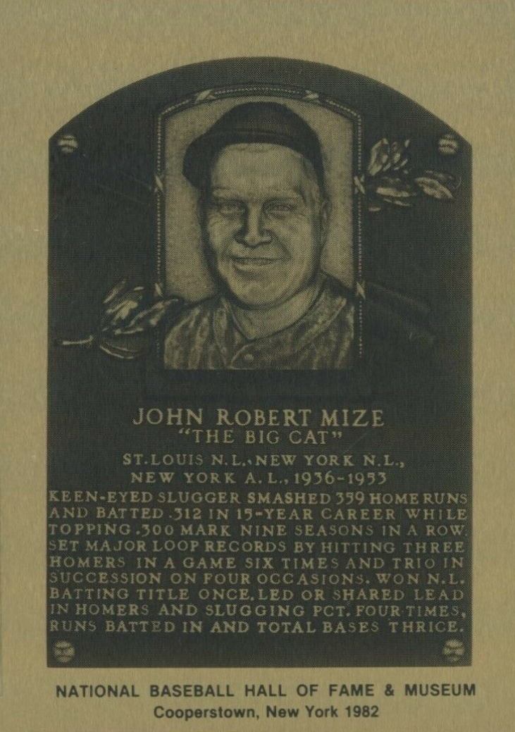 1981 Hall of Fame Metallic Plaque Cards Johnny Mize # Baseball Card