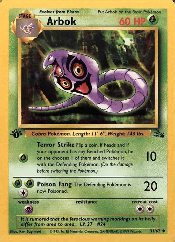 1999 Pokemon Fossil Arbok #31 TCG Card
