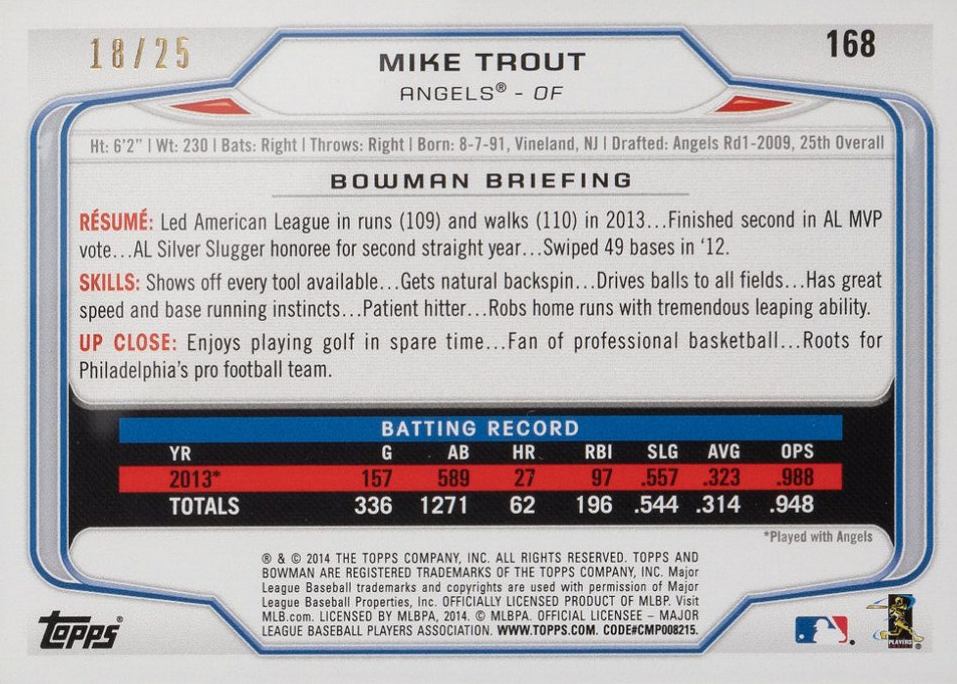 2014 Bowman Mike Trout #168 Baseball Card