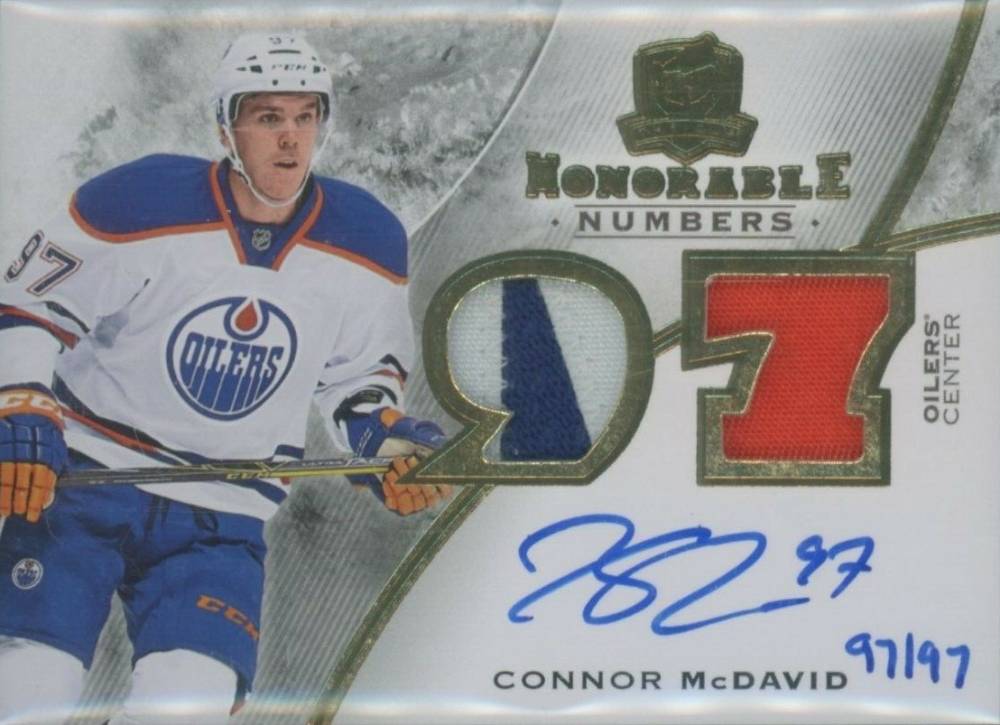 2015 Upper Deck the Cup Honorable Numbers Rookie Autograph Relics Connor McDavid #CM Hockey Card