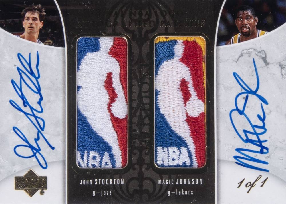2005 Upper Deck Exquisite Collection Logoman Autographs Dual John Stockton/Magic Johnson #DLA-SJ Basketball Card