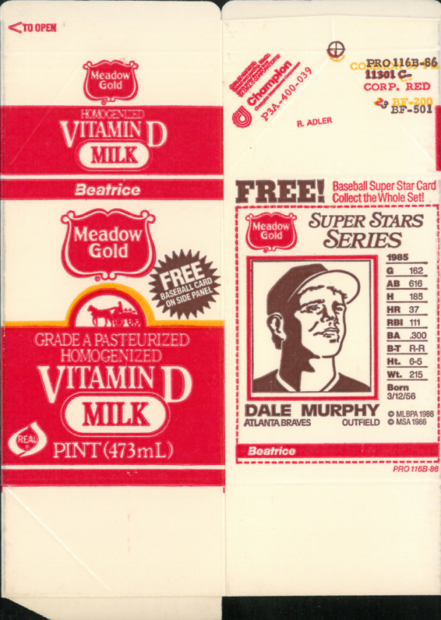 1986 Meadow Gold Milk Carton Dale Murphy # Baseball Card