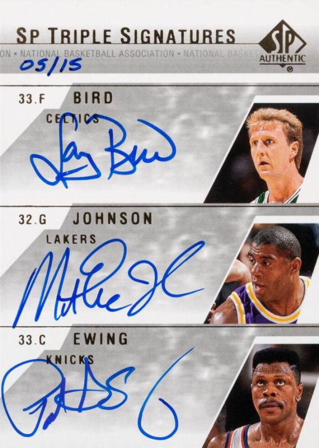 2003 SP Authentic SP Triple Signatures Bird/Johnson/Ewing #BJE-A Basketball Card
