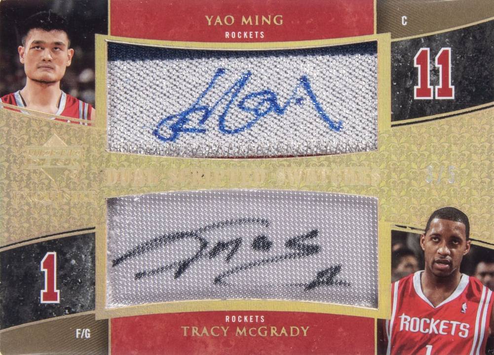 2005 Upper Deck Exquisite Collection Scripted Swatches Dual Yao Ming/Tracy McGrady #DSSMM Basketball Card