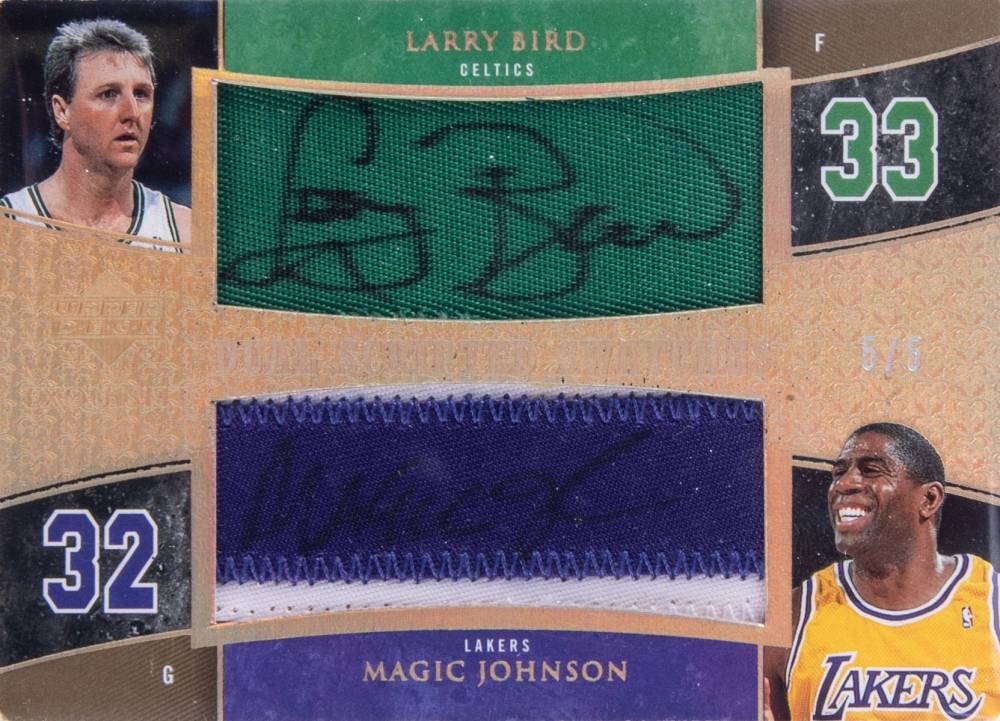 2005 Upper Deck Exquisite Collection Scripted Swatches Dual Larry Bird/Magic Johnson #DSSBJ Basketball Card