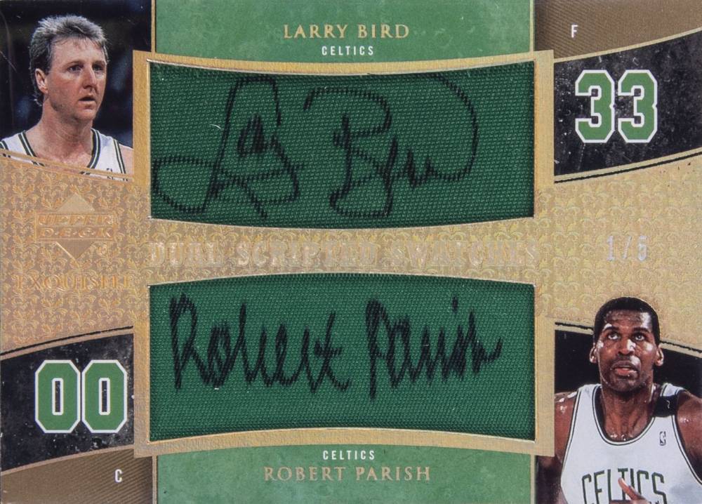 2005 Upper Deck Exquisite Collection Scripted Swatches Dual Larry Bird/Robert Parish #DSSBP Basketball Card