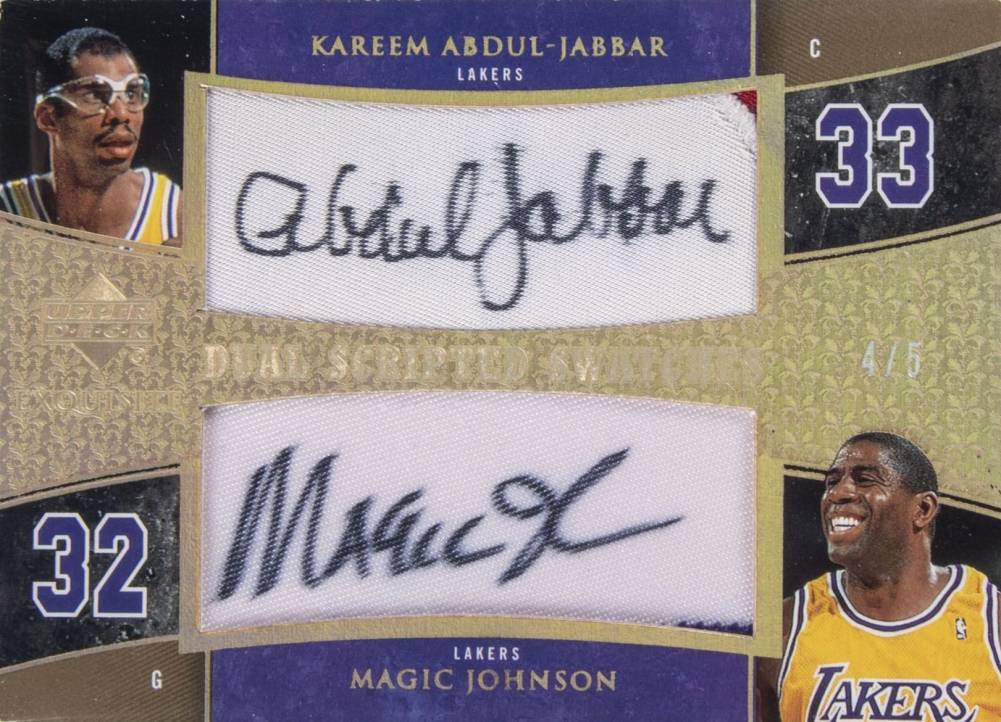 2005 Upper Deck Exquisite Collection Scripted Swatches Dual Kareem Abdul-Jabbar/Magic Johnson #DSSAJ Basketball Card
