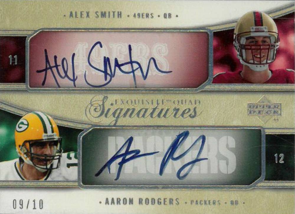 2005 Upper Deck Exquisite Collection Quad Signatures Aaron Rodgers/Alex Smith/Charlie Frye/Jason Campbell #SRCF Football Card