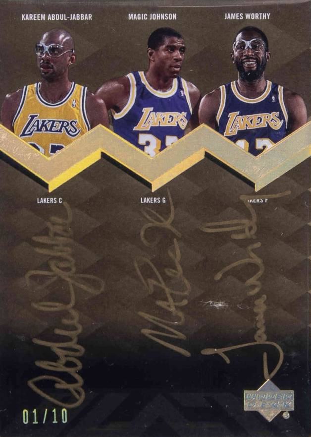 2007 Upper Deck Black Autographs Triple Magic Johnson/Kareem Abdul-Jabbar/James Worthy #TUAWJA Basketball Card