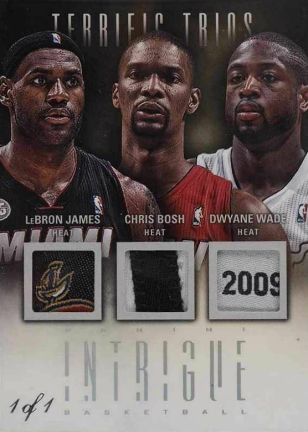 2012 Panini Intrigue Terrific Trios Materials Chris Bosh/Dwyane Wade/LeBron James #1 Basketball Card