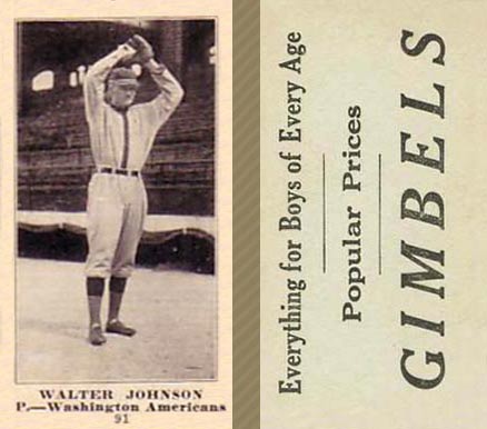 1916 Gimbels Walter Johnson #91 Baseball Card
