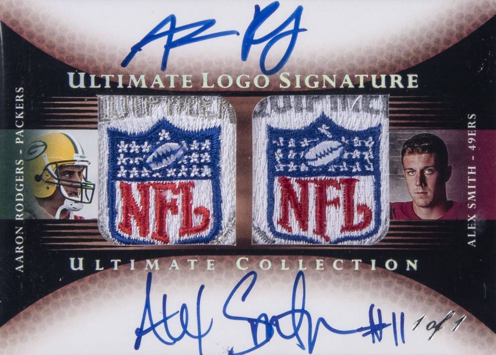 2005 Ultimate Collection Game Jersey Logo Dual Autographs 1/1 Aaron Rodgers/Alex Smith #DALPRS Football Card