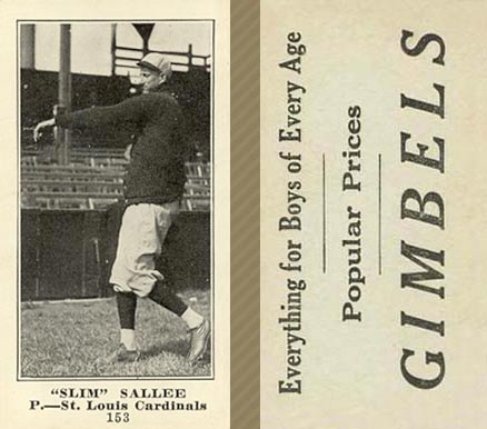 1916 Gimbels (M101-5) Slim Sallee #153 Baseball Card
