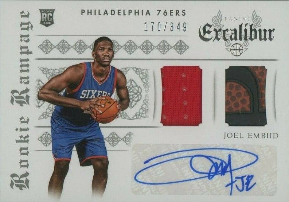 2014 Panini Excalibur Rookie Rampage Dual Materials Autograph Joel Embiid #7 Basketball Card