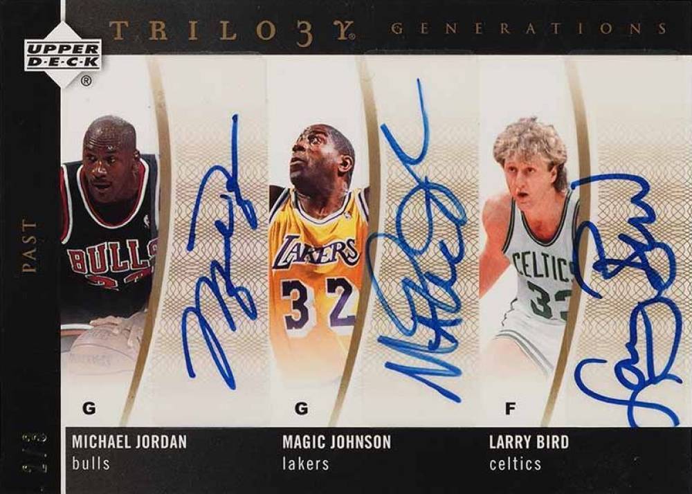 2006 Upper Deck Trilogy Generations Past Trio Signatures Larry Bird/Magic Johnson/Michael Jordan #JJB Basketball Card
