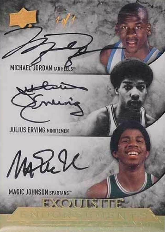 2012 Upper Deck Exquisite Collection Endorsements Triple Michael Jordan/Julius Erving/Magic Johnson #JEJ Basketball Card