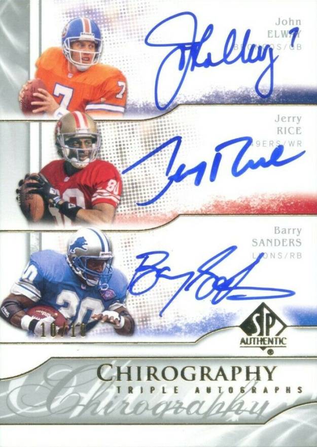 2009 SP Authentic Chirography Triples Barry Sanders/Jerry Rice/John Elway #HOF Football Card