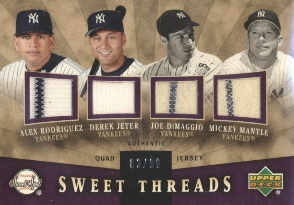 2004 Upper Deck Sweet Spot Sweet Threads Quad Rodriguez/Jeter/DiMaggio/Mantle #RJDM Baseball Card