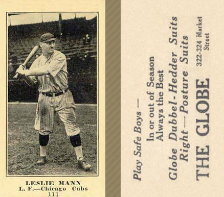 1916 The Globe Clothing Leslie Mann #111 Baseball Card