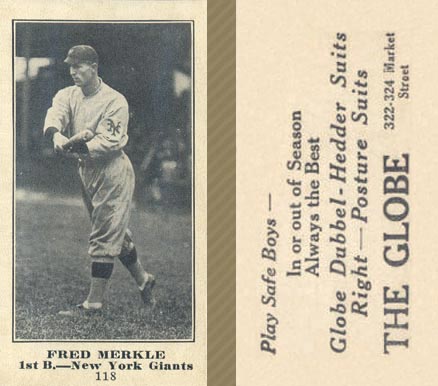 1916 The Globe Clothing Fred Merkle #118 Baseball Card