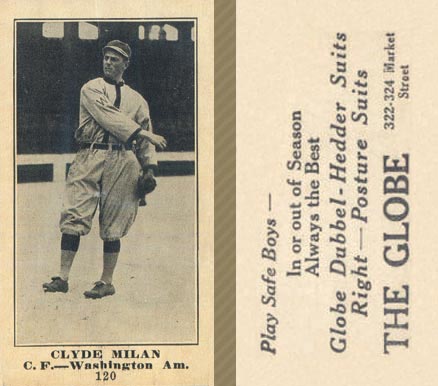 1916 The Globe Clothing Clyde Milan #120 Baseball Card