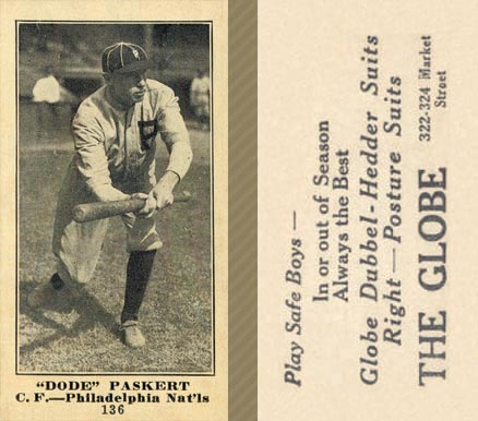 1916 The Globe Clothing Dode Paskert #136 Baseball Card