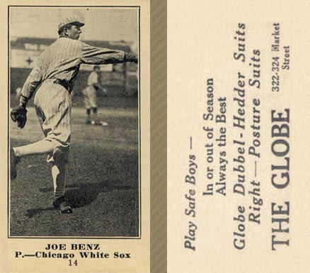 1916 The Globe Clothing Joe Benz #14 Baseball Card