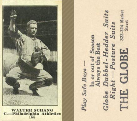 1916 The Globe Clothing Walter Schang #155 Baseball Card