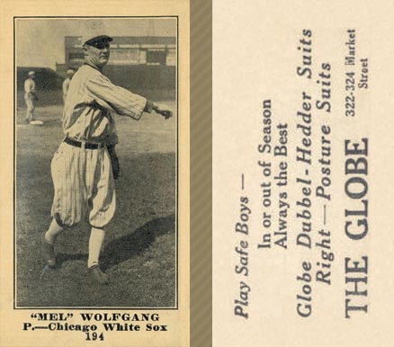 1916 The Globe Clothing Mel Wolfgang #194 Baseball Card