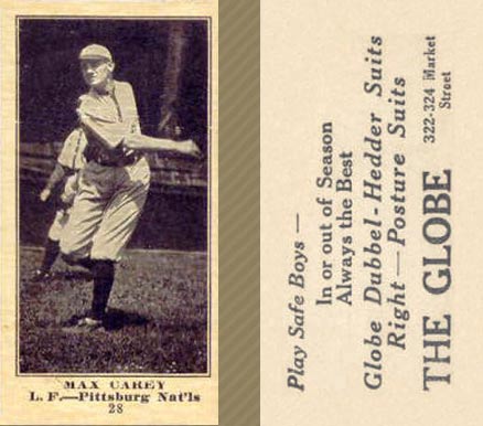 1916 The Globe Clothing Max Carey #28 Baseball Card