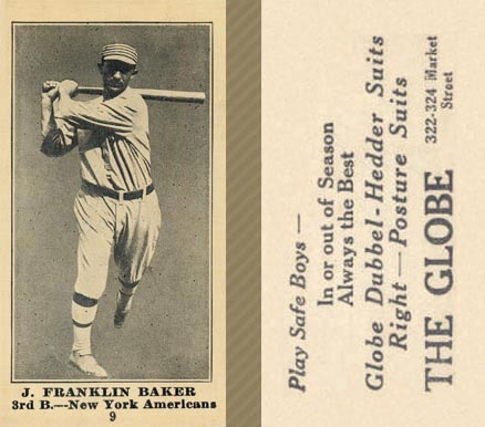 1916 The Globe Clothing J. Franklin Baker #9 Baseball Card