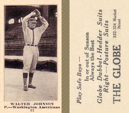 1916 Globe Clothing Store Walter Johnson #91 Baseball Card