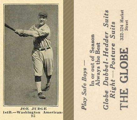 1916 The Globe Clothing Joe Judge #93 Baseball Card