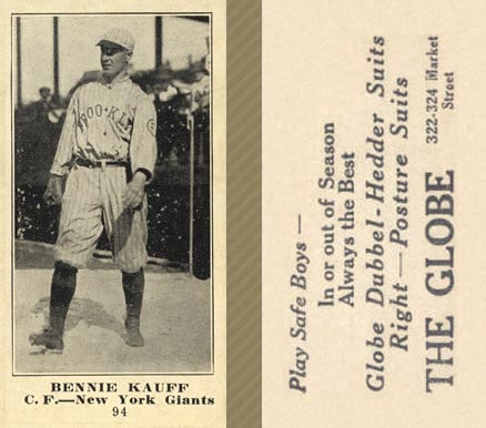 1916 The Globe Clothing Bennie Kauff #94 Baseball Card