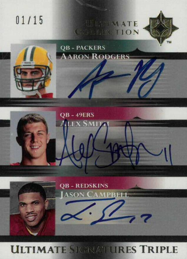 2005 Ultimate Collection Ultimate Signatures Jason Campbell/Aaron Rodgers/Alex Smith #TSRSC Football Card