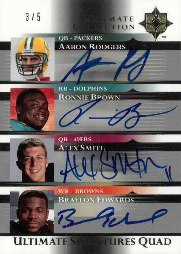2005 Ultimate Collection Ultimate Signatures Aaron Rodgers/Ronnie Brown/Alex Smith/Braylon Edwards #RBSE Football Card