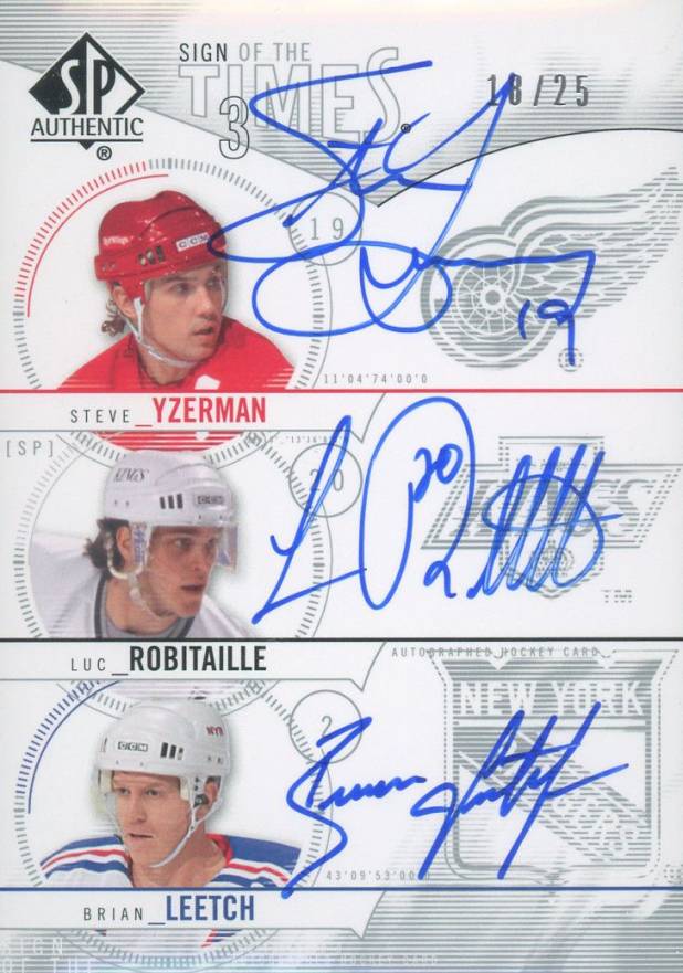 2009 SP Authentic Sign of the Times 3 Yzerman/Robitaille/Leetch #YRL Hockey Card