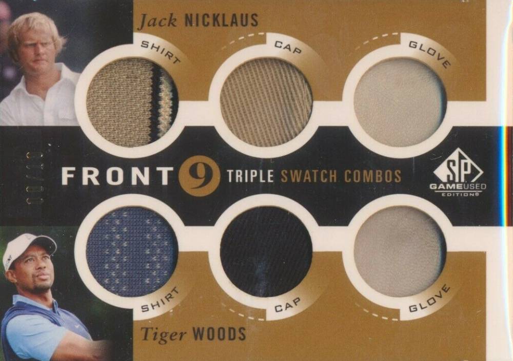 2014 SP Game Used Front 9 Triple Swatch Combos Jack Nicklaus/Tiger Woods #F93NW Golf Card