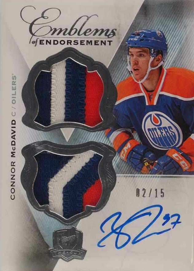 2015 Upper Deck the Cup Emblems of Endorsement Autograph Relics Connor McDavid #EE-CM Hockey Card