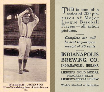 1916 Indianapolis Brewing Walter Johnson #91 Baseball Card