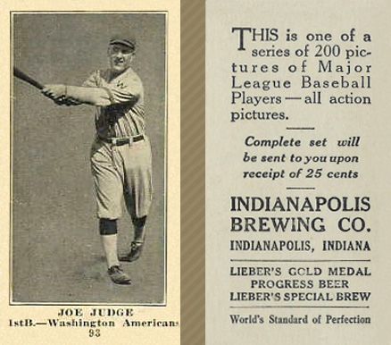 1916 Indianapolis Brewing Joe Judge #93 Baseball Card