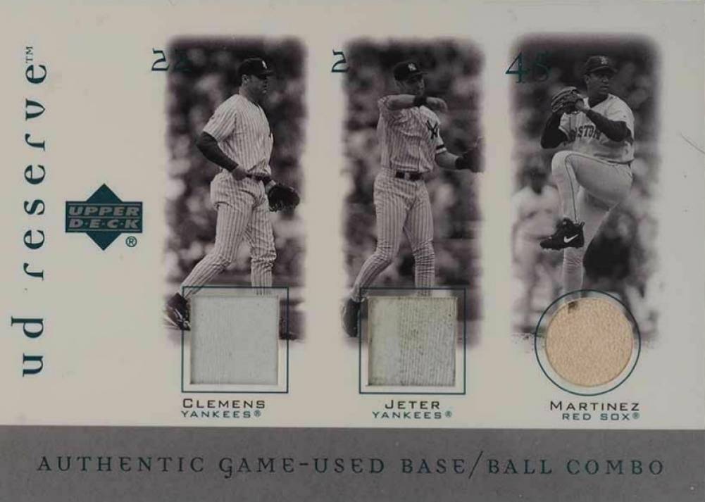 2001 Upper Deck Reserve Game-Used Reserve Trio Jeter/Martinez/Clemens #B-CMJ Baseball Card