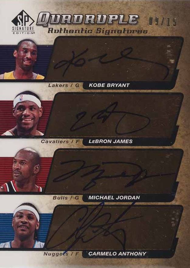 2004 SP Authentic SP Quadruple Signatures Kobe Bryant/LeBron James/Michael Jordan/Carmelo Anthony #BJJA Basketball Card