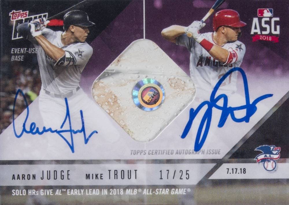 2018 Topps Now All-Star Game Dual Autograph Relics Aaron Judge/Mike Trout #ASG1A Baseball Card
